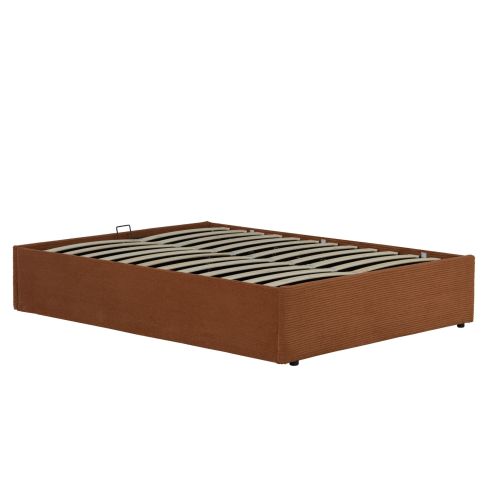 Lit coffre en velours côtelé grosses côtes terracotta 140x190