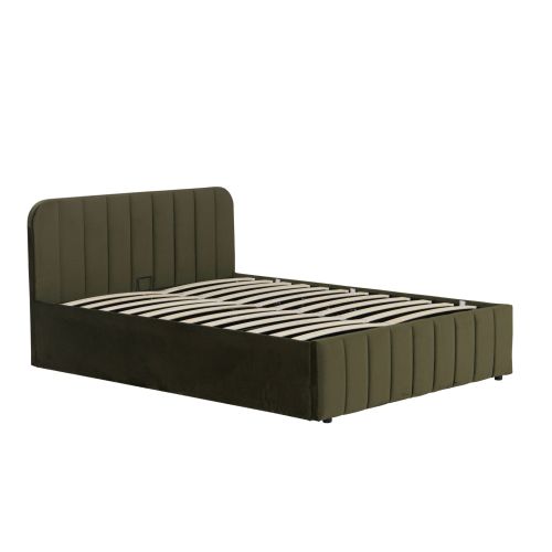 Structure de lit coffre velours kaki 140x190 avec tête de lit, profil épuré et finitions soignées