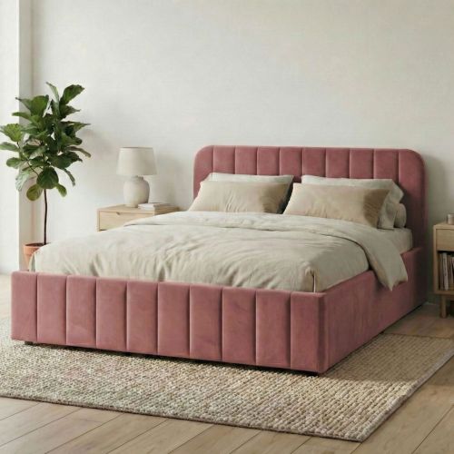 Lit coffre velours rose avec tête de lit assortie