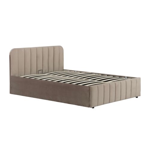 Lit coffre velours taupe avec tête de lit assortie, vue de face sur fond blanc
