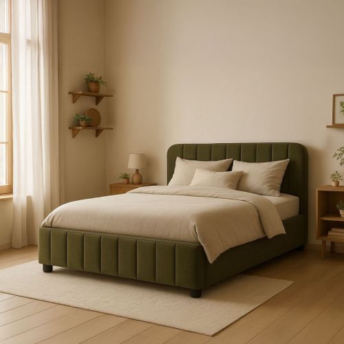Lit coffre en velours avec tête de lit rembourrée kaki 140x190
