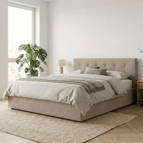 Lit coffre en velours côtelé taupe dans une chambre scandinave lumineuse 