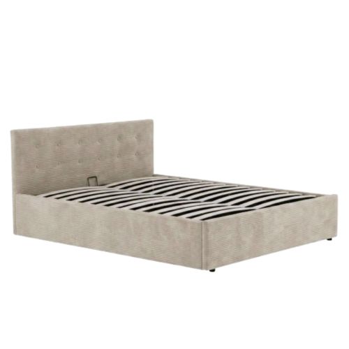 Vue de trois quarts du lit coffre taupe avec son sommier à lattes intégré