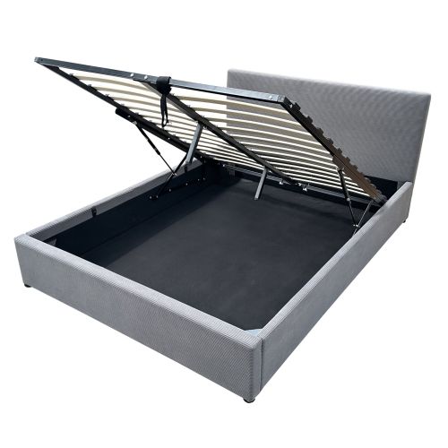 Lit coffre avec tête de lit rembourrée en velours côtelé 