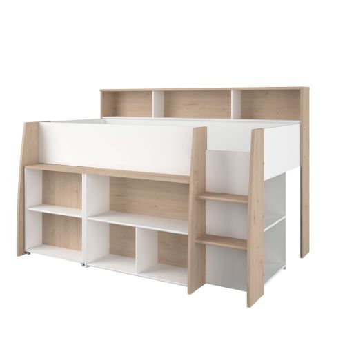 Vue d'angle du lit combiné multifonctions Terre de Nuit blanc et décor chêne.