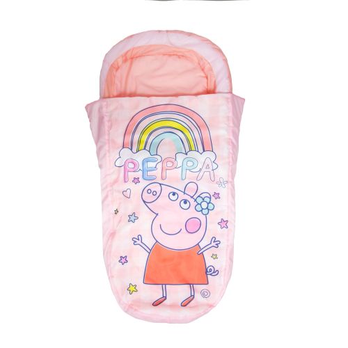 Vue de face du ReadyBed gonflable Peppa Pig rose avec arc-en-ciel et étoiles