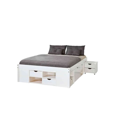 Lit tiroir en bois massif blanc laqué avec chevets intégrés 140x200 - LT12012