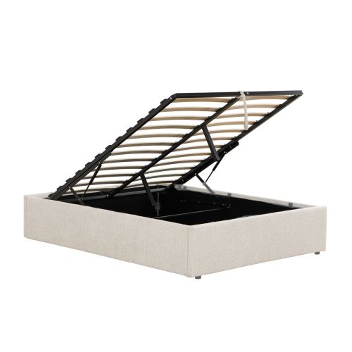 Lit coffre sherpa en position ouverte, dévoilant un espace de rangement spacieux sous le sommier pour le linge de lit.