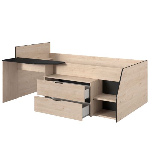 Vue d'angle du lit mi-hauteur en bois avec tiroirs de rangement ouverts et bureau coulissant noir.