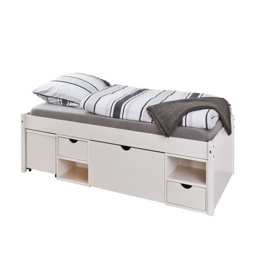 Lit tiroir en bois massif blanc laqué avec chevets intégrés 90x200 - LT12012