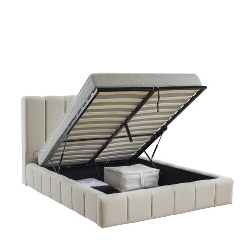 Lit coffre en velours matelassé beige avec matelas fond blanc trois quart