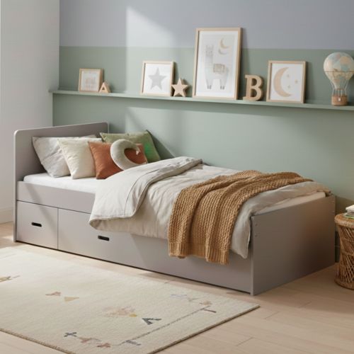 Lit gris laqué avec rangement intégré et chevet mobile dans une chambre moderne