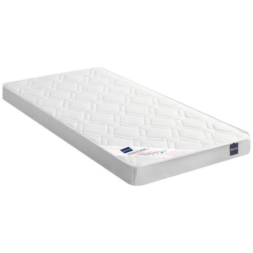 Vue en angle du matelas pour lit tiroir 90x190 cm en mousse ferme Bultex sur fond blanc.