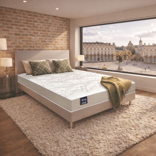 Matelas latex 20% naturel ferme Dunlopillo Dahlia 2 dans une chambre avec vue sur place historique.