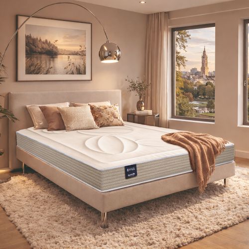 Matelas latex naturel ferme Dunlopillo Hortense 2 mis en situation dans une chambre élégante.