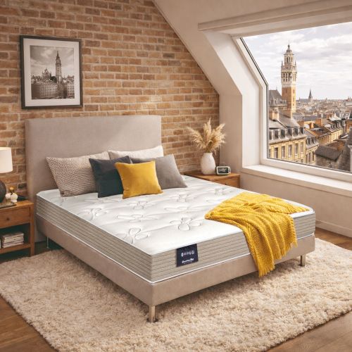 Matelas latex 20% naturel ferme Dunlopillo Lavande 2 dans une chambre lumineuse.