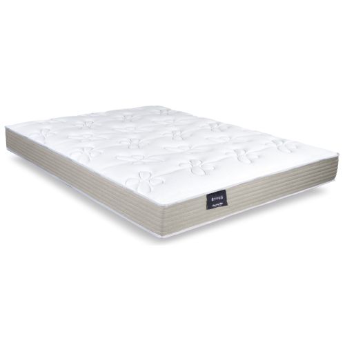 Vue d'angle du matelas 140x200 cm Dunlopillo Lavande 2 sur fond blanc avec motifs floraux.