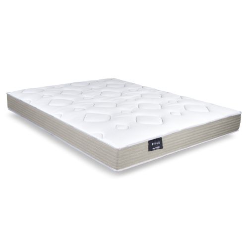 Vue d'angle du matelas 120x200 cm ferme Dunlopillo Lilas 2 en mousse haute résilience sur fond blanc.