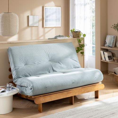 Matelas futon latex ferme tissu velours côtelé Terre de Nuit kaki en canapé.