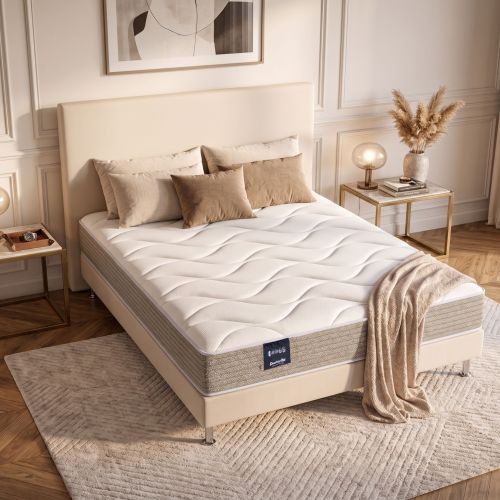 Matelas en mousse HR ferme Dunlopillo Tulipe 2 mis en situation dans une chambre moderne.