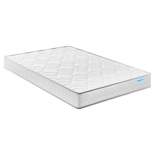 Matelas en mousse ferme Merinos Wise blanc avec galon gris, vue de trois-quart sur fond blanc.