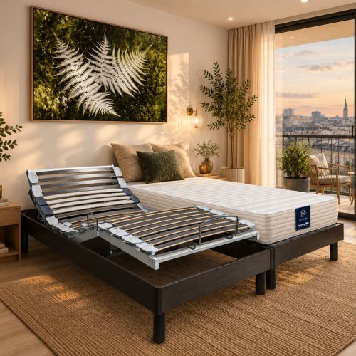 Matelas relaxation Dunlopillo Lavande 2 sur un sommier TPR électrique articulé