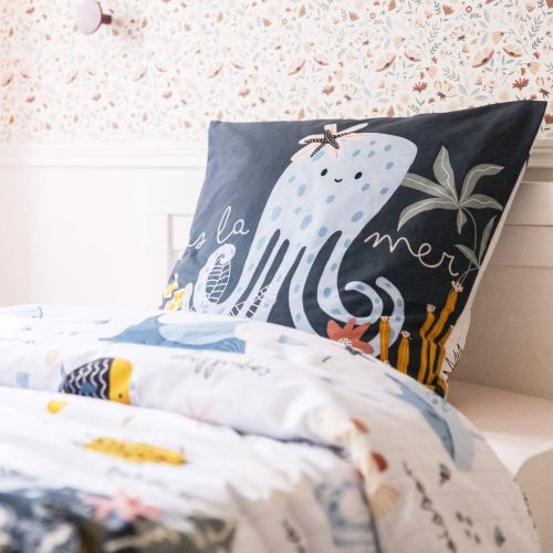 Parure de lit (Housse de couette + 1 Taie d'oreiller) coton imprimé marin 140x200 cm bleu