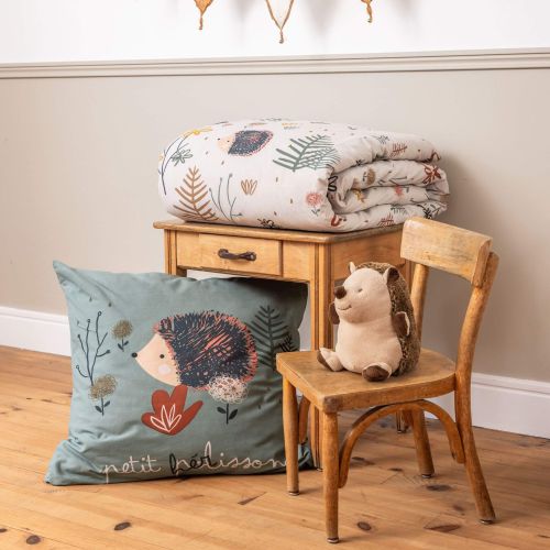 Parure de lit (Housse de couette + 2 Taies d'oreiller) coton imprimé hérisson 240x220 cm beige
