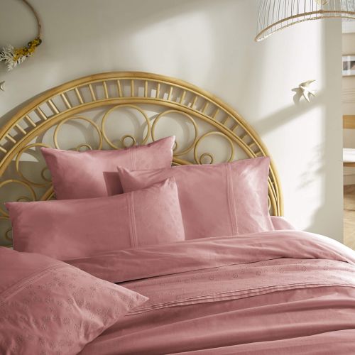 Taie d'oreiller 100% coton broderie anglaise rose