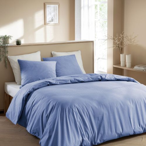 Parure de lit 240x220 coton à carreaux bleu Terre de Nuit mini Vichy