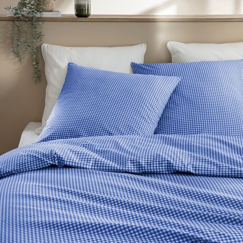 Parure de lit 240x220 coton à carreaux bleu Terre de Nuit mini Vichy