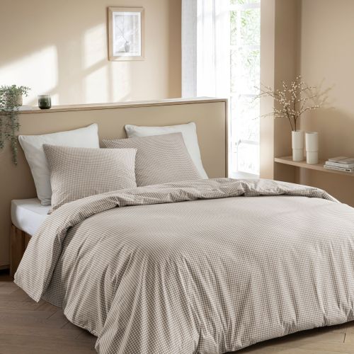 Parure de lit 260x240 coton à carreaux beige Terre de Nuit mini Vichy