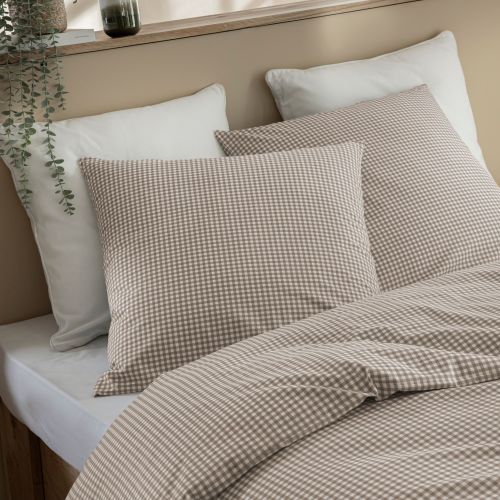 Parure de lit 240x220 coton à carreaux beige Terre de Nuit mini Vichy