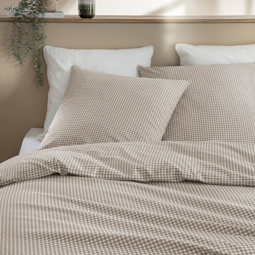 Parure de lit 260x240 coton à carreaux beige Terre de Nuit mini Vichy
