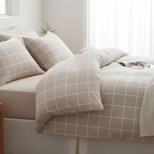 Housse de couette en flanelle motif carreaux beige 140x200 douce et chaude au toucher