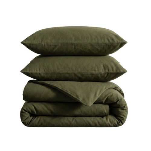 Parure de lit flanelle Terre de Nuit kaki pliée, en coton chaud et doux