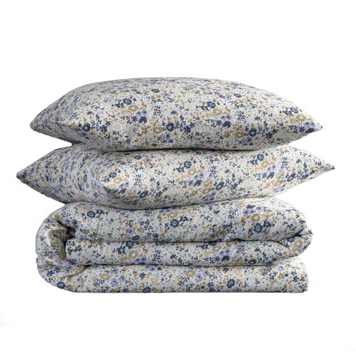 Parure 260x240 fleur composée d'une housse de couette fleurie et de taies d'oreiller bleu 
