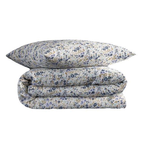 Parure 140x200 fleur composée d'une housse de couette fleurie et de taies d'oreiller bleu 