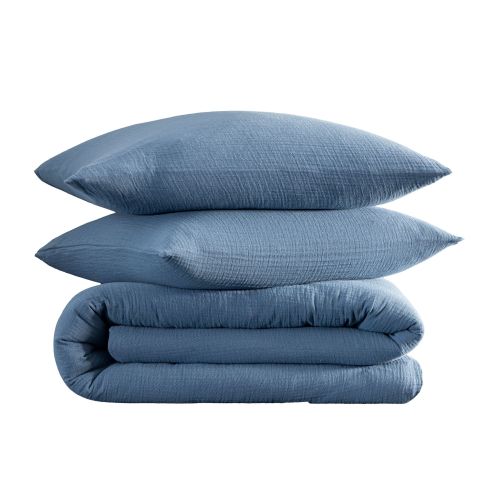 Parure de lit en gaze de coton bleu 140x200 comprenant une housse de couette et deux taies d'oreiller
