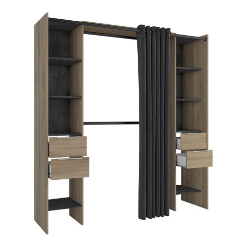 Dressing ouvert avec rideau, extensible en bois imitation chêne kronberg - DR185