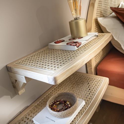 Lit adulte en pin massif avec véritable cannage 140x200 + set de 2 planches de chevet cannage
