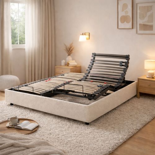 Cadre de lit électrique Horizon Someo blanc écume, sommier articulé 5 plans en texture bouclette douce.