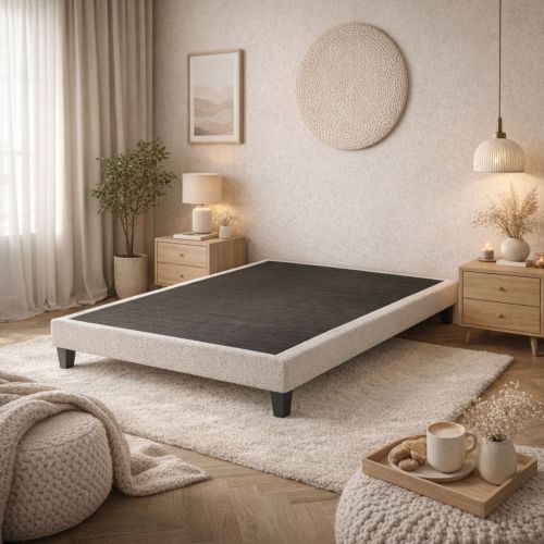 Sommier décoratif Someo Nuage en bouclette gris baltique, idéal pour une chambre moderne.