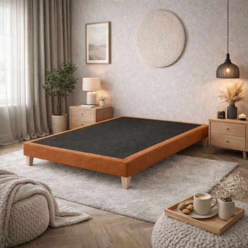 Sommier tapissier Someo en bouclette coloris terre de sienne avec lattes passives recouvertes.