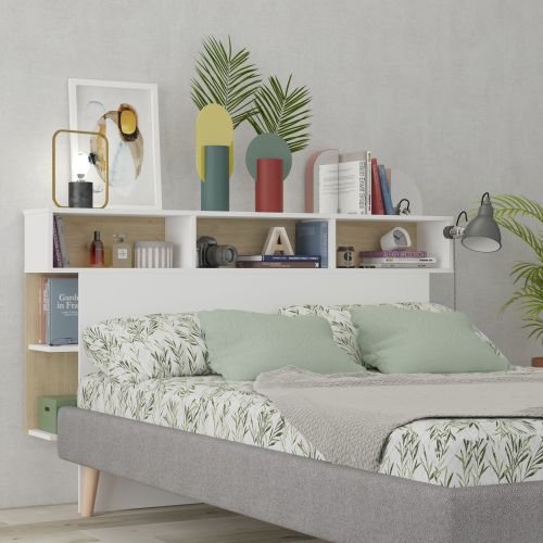 Lit avec niches de rangements blanc et bois ambiance principale