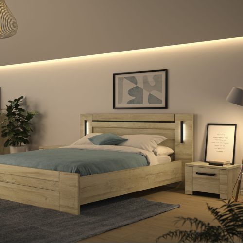 Lit led sensitive 160x200 avec 2 chevets en bois clair - LT5082