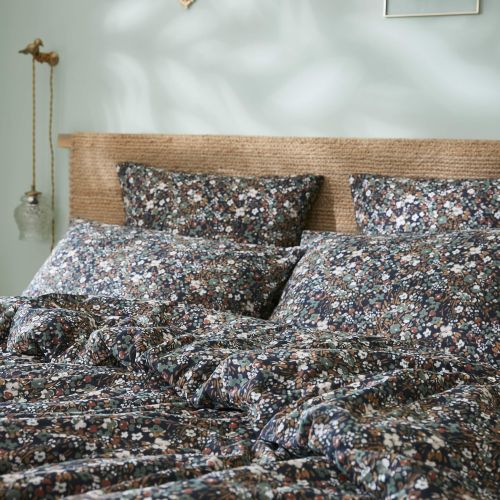 Taie d'oreiller gaze de coton imprimé floral bleu marine 60x60