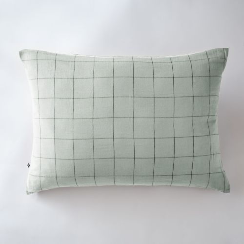 Taie d'oreiller gaze de coton grands carreaux 60x60 eucalyptus fond blanc