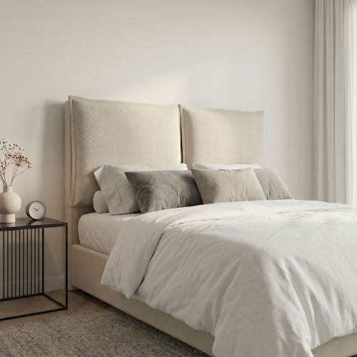 Tête de lit kaki design minimaliste dans une chambre moderne avec éclairage naturel et déco épurée