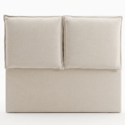Tête de lit beige 145 cm avec deux grands coussins rembourrés, vue de face sur fond blanc